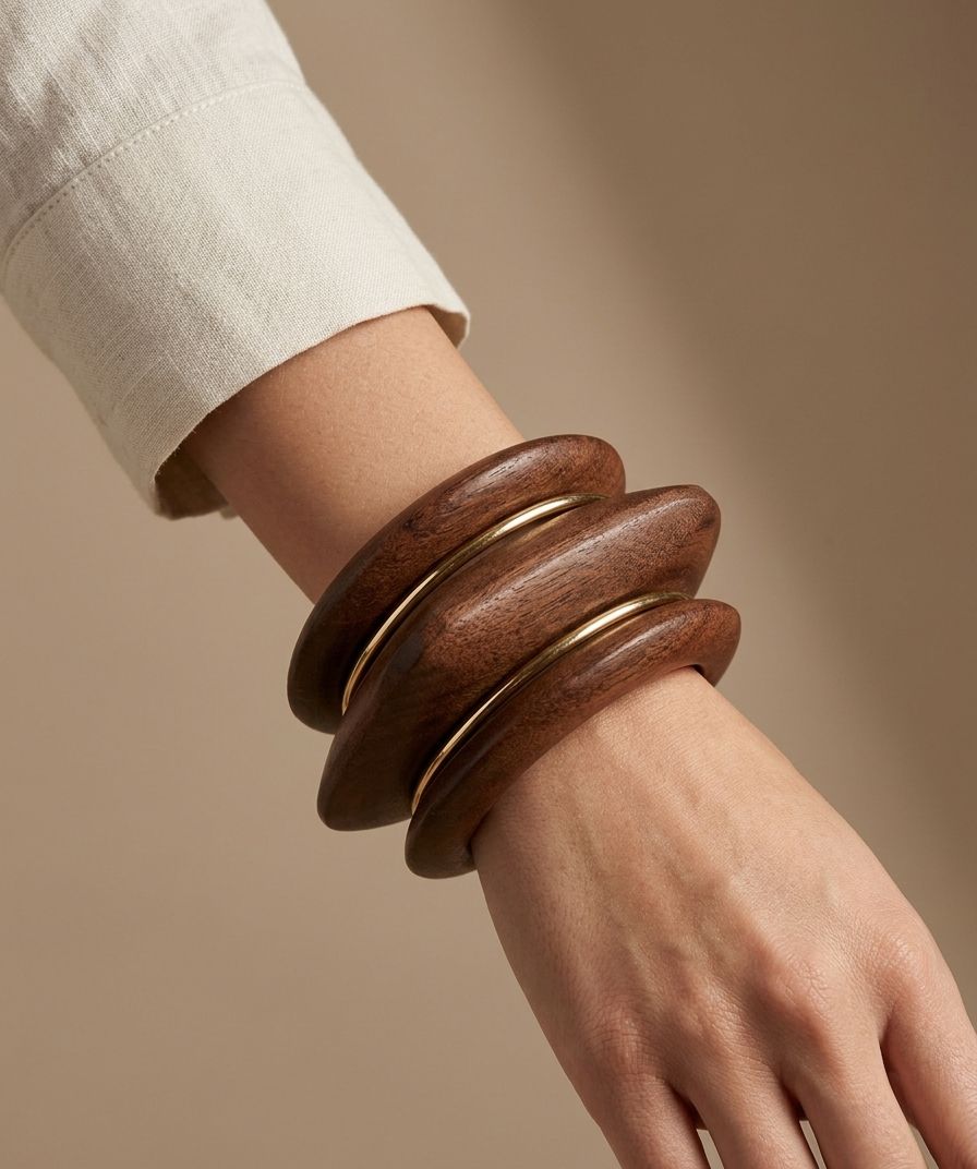 Wood & Gold Statement Bangles (Set of 5)