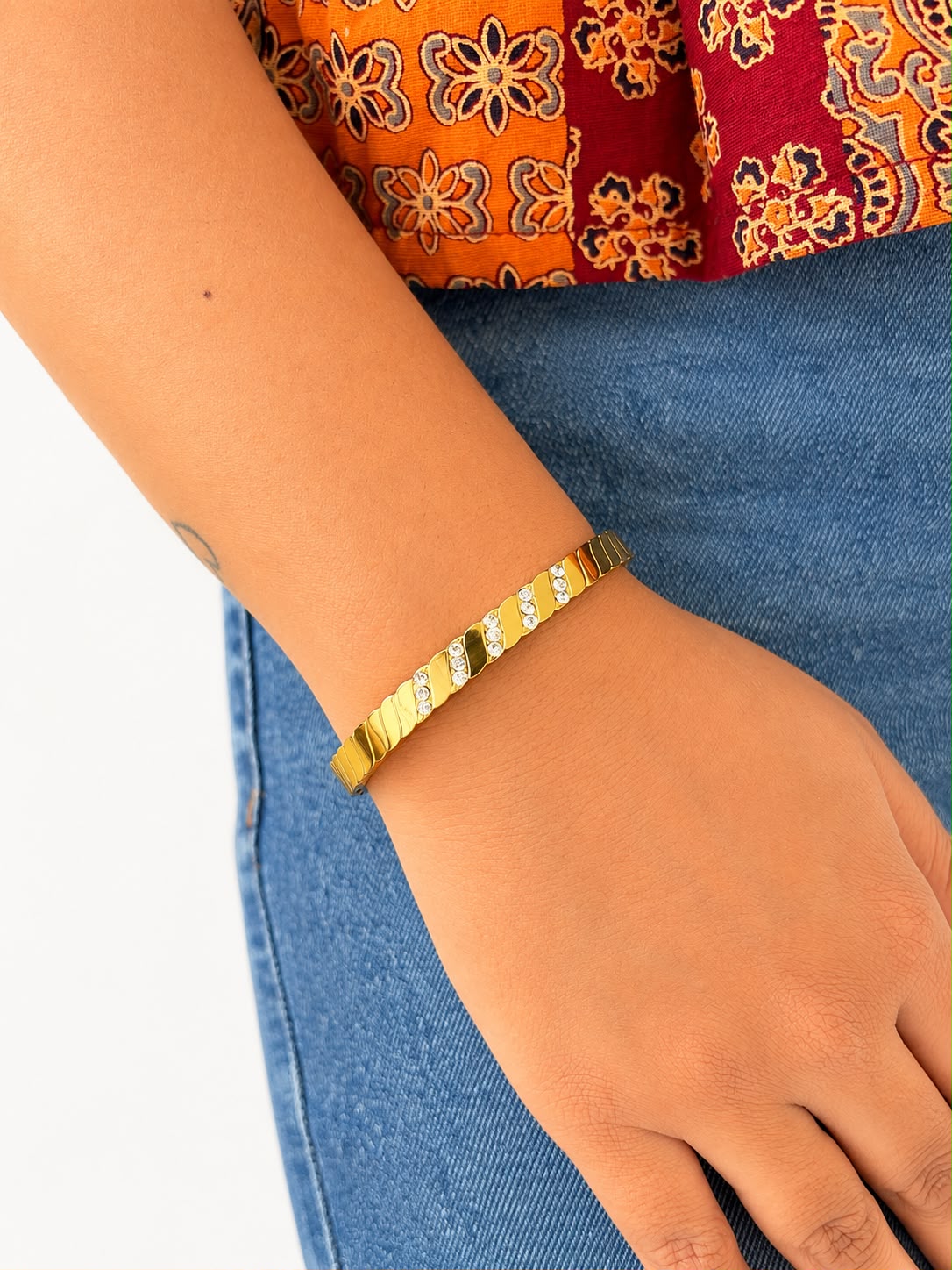 Gold Crystal Cuff Bracelet | Anti-Tarnish Stainless Steel Bangle