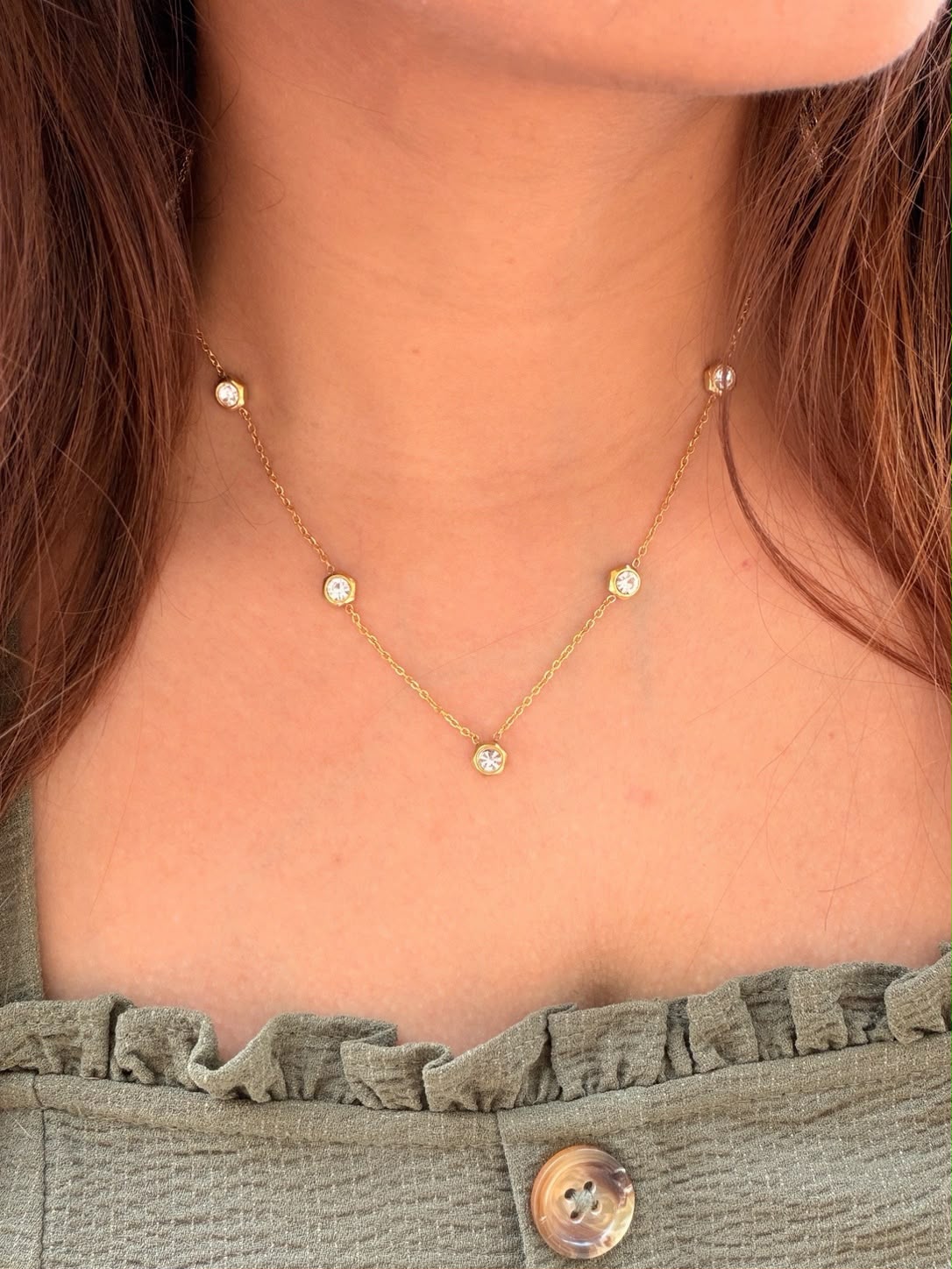 Gold Bezel Station Necklace | Anti-Tarnish Stainless Steel Necklace