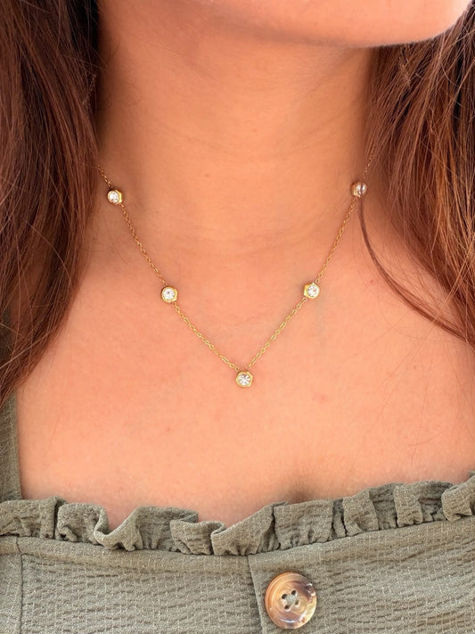 Gold Bezel Station Necklace | Anti-Tarnish Stainless Steel Necklace